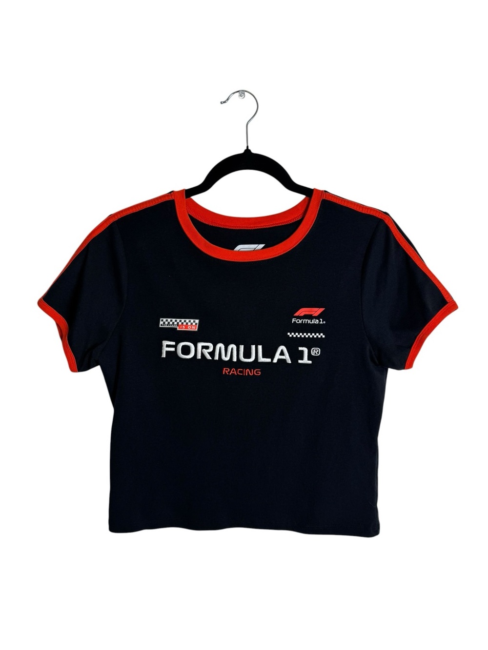 Official Formula 1 Racing Cropped Ringer Graphic Tee Black Red Large